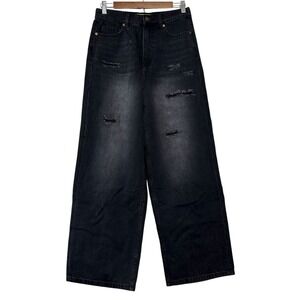 SANDRINE ROSE X FREE PEOPLE Black Wide Leg Distressed‎ Jeans R3021 NWT Size 26